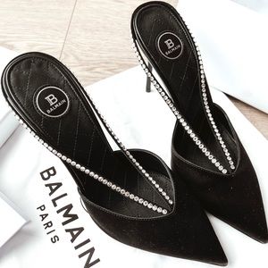 Balmain Crystal-embellished Satin Mules In Black